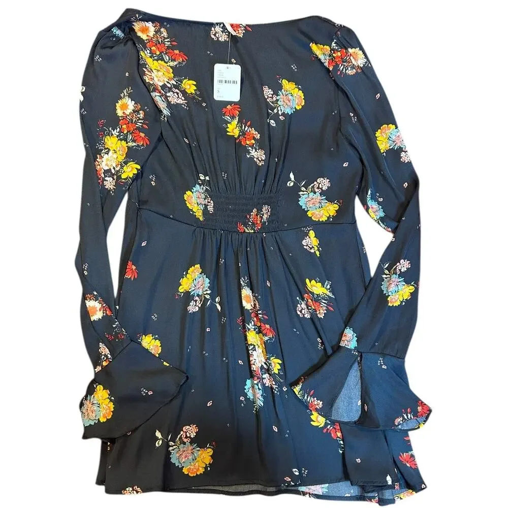 NWT FREE PEOPLE Midnight Dress Shift Silky Short Mini Floral Dress Women's Small